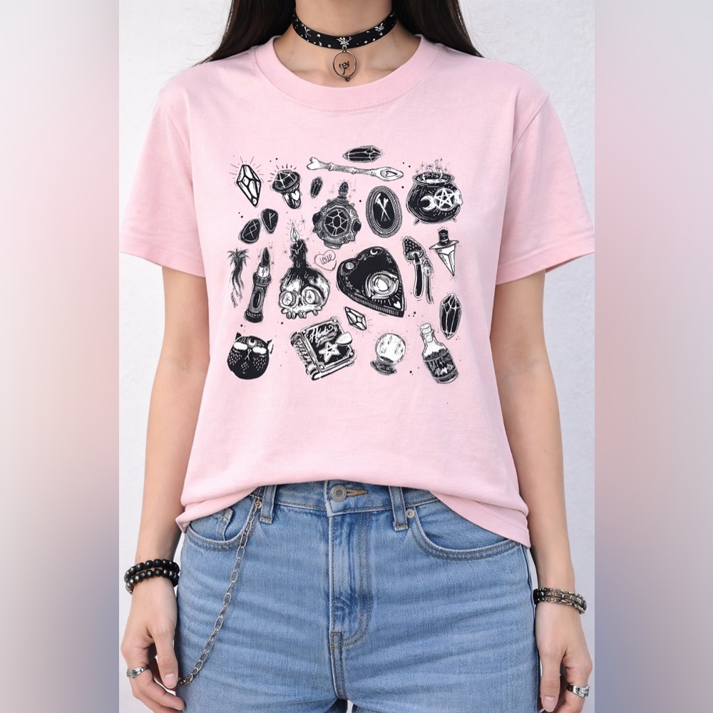 Witchy Graphic Tee Pink Gothic Tarot Occult Aesthetic Shirt Size L